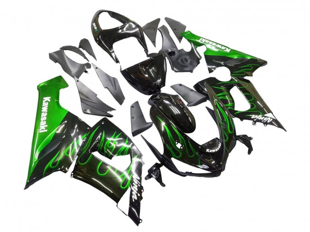 Carénage Moto Kawasaki ZX6R 2005-2006 - Noir Brillant Vert Flamme