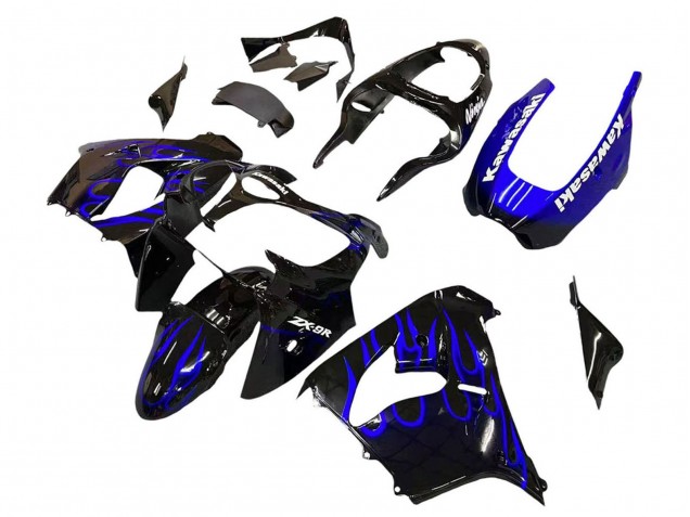 Carénages Moto Kawasaki ZX9R 2000-2001 - Noir Brillant Bleu Flamme Blanc