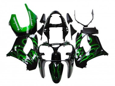Carénages Moto Kawasaki ZX9R 2000-2001 - Noir Brillant Vert Flamme Blanc