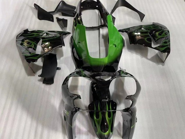 Carénages Moto Kawasaki ZX9R 2002-2003 - Noir Brillant Vert Flamme