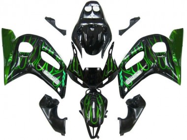 Carénage Yamaha R6 98-02 - Noir Vert Flamme en Ligne