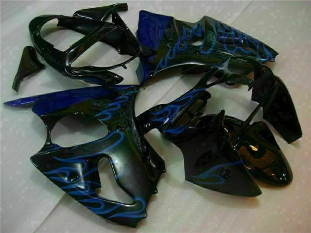 Carénage Kawasaki ZX6R 00-02 - Noir avec Bleu Flamme