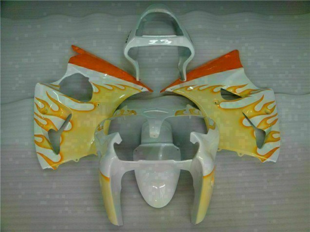 Carénage Kawasaki ZX6R 00-02 - Blanc Jaune Flamme
