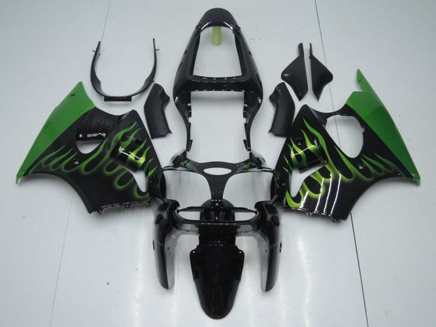 Carénage Kawasaki ZX6R 00-02 - Noir avec Vert Flamme